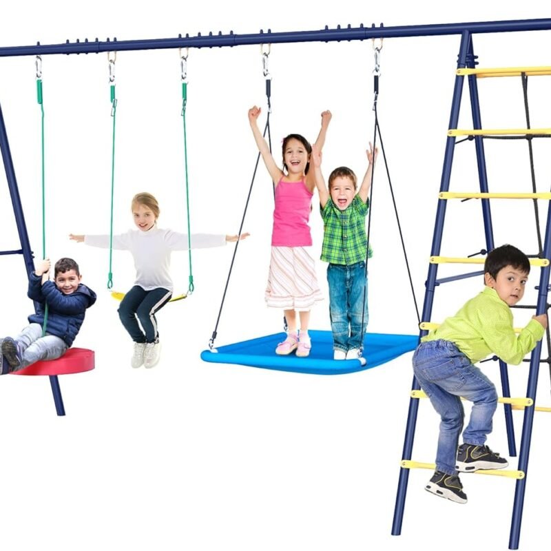 Swing Set for Backyard 550lbs - 6 in 1 Kid Outdoor Playground with Heavy Duty A-Frame Swing Stand, Platform Swing, Belt Swing, Climbing Rope & Climbing Ladder, Basketball Hoop for 3-8 Years Old
