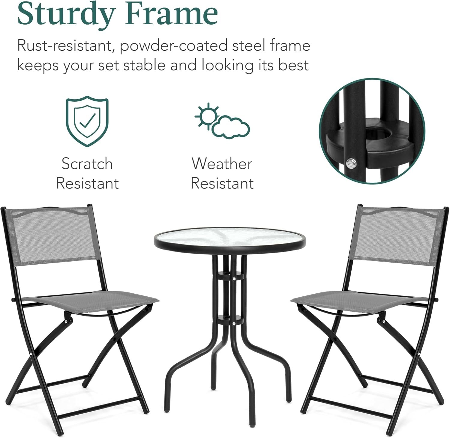 Best Choice Products 3-Piece Patio Bistro Dining Furniture Set w/Glass Tabletop, 2 Folding Chairs, Steel Frame, Polyester Fabric - Gray - Image 5