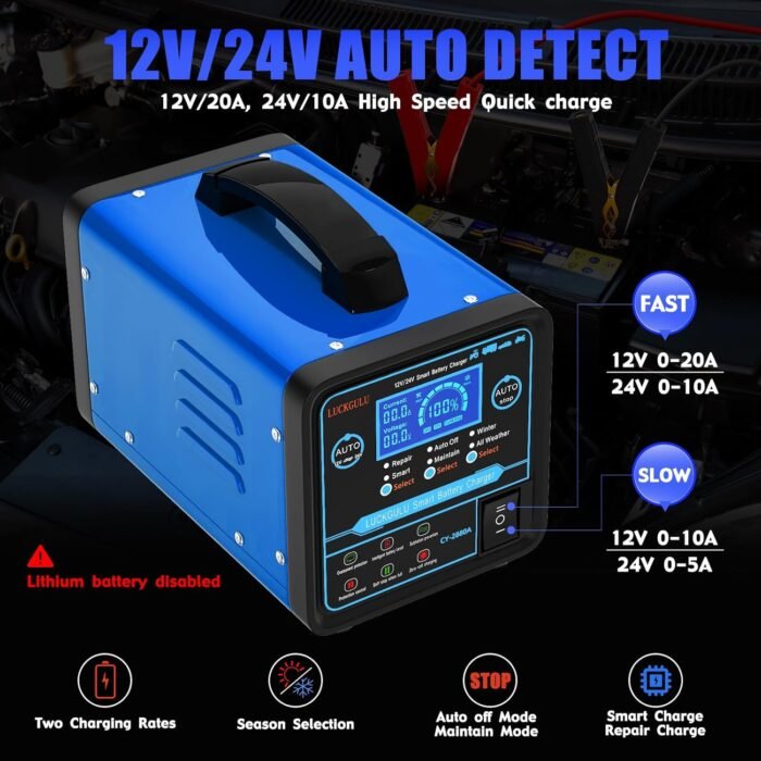 12V/24V Car Battery Chargers Heavy Duty, 0-20A Automatic Battery Maintainer with Auto Shutoffs, Repair, Winter Mode, High/Low Power Smart Trickle Charger and Desulfator,for Boat,Motorcycle,Lawn Mower - Image 2