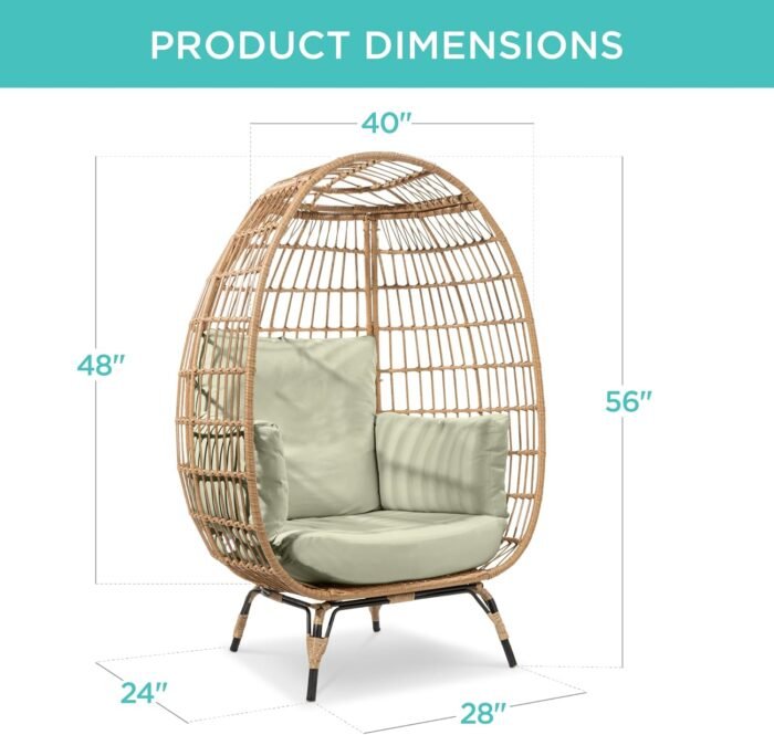Best Choice Products Wicker Egg Chair, Oversized Indoor Outdoor Lounger for Patio, Backyard, Living Room w/ 4 Cushions, Steel Frame, 440lb Capacity - Sage - Image 3