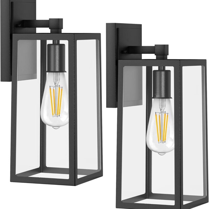PARTPHONER Outdoor Light Fixtures Wall Mount, Porch Light, Waterproof Exterior Light Fixture, Anti-Rust Wall Sconce with Clear Glass and Black Aluminum for Garage, Doorway-2 Pack