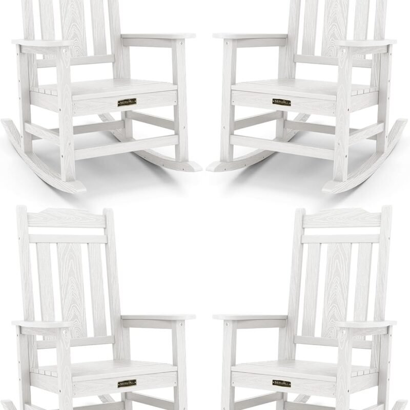 SERWALL Outdoor Rocking Chair White Set of 4, All Weather Patio Rocking Chair, HDPE Poly Rocking Chair for Adults, Heavy Duty Front Porch Rocker