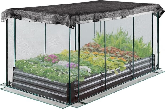 Quictent Galvanized Raised Garden Bed with Crop Cage Plant Protection Net Tent and Shade Cloth Kit Metal Planter Box Bottomless Planting Vegetables Outdoor Backyard Included T Tags Wing Nuts 8x4x1 Ft