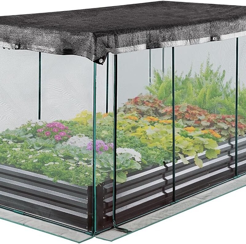 Quictent Galvanized Raised Garden Bed with Crop Cage Plant Protection Net Tent and Shade Cloth Kit Metal Planter Box Bottomless Planting Vegetables Outdoor Backyard Included T Tags Wing Nuts 8x4x1 Ft
