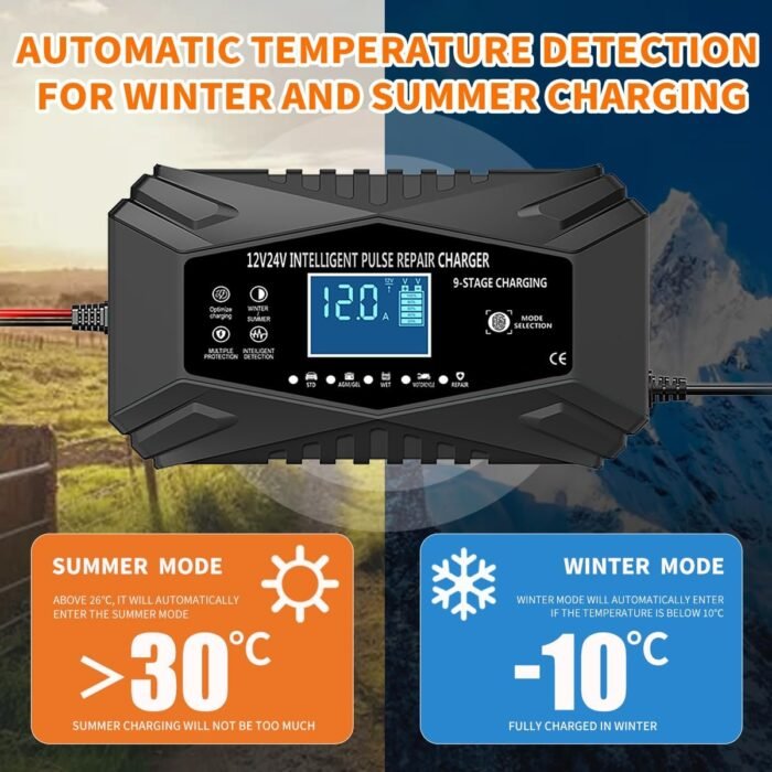 12-Amp Car Battery Charger,12V and 24V Smart Fully Automatic Maintainer Trickle Charger w/Temperature Compensation for Truck Motorcycle Lawn Mower Boat Marine Lead Acid Batteries (Black) - Image 6