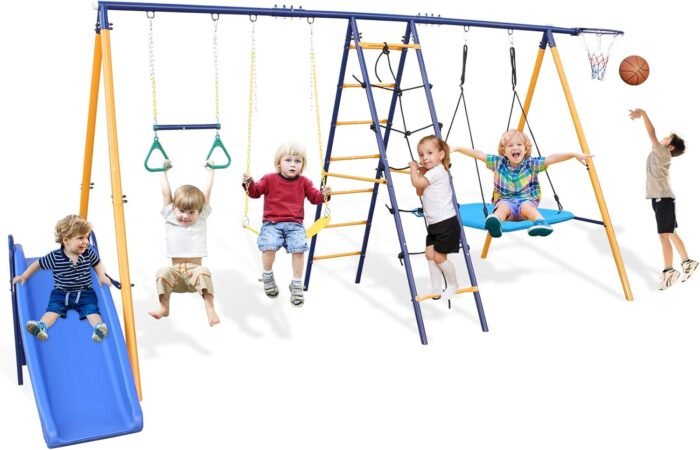 Generic Swing Set Outdoor Heavy-Duty Metal Playset for Kids with Slide,7 in 1 Swing Set