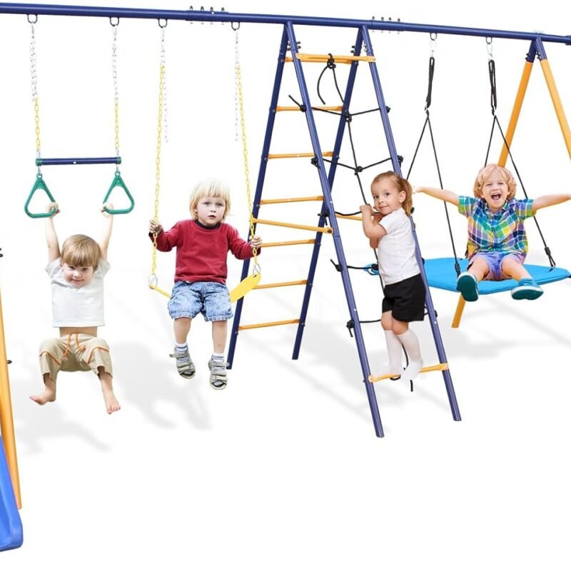 Generic Swing Set Outdoor Heavy-Duty Metal Playset for Kids with Slide,7 in 1 Swing Set