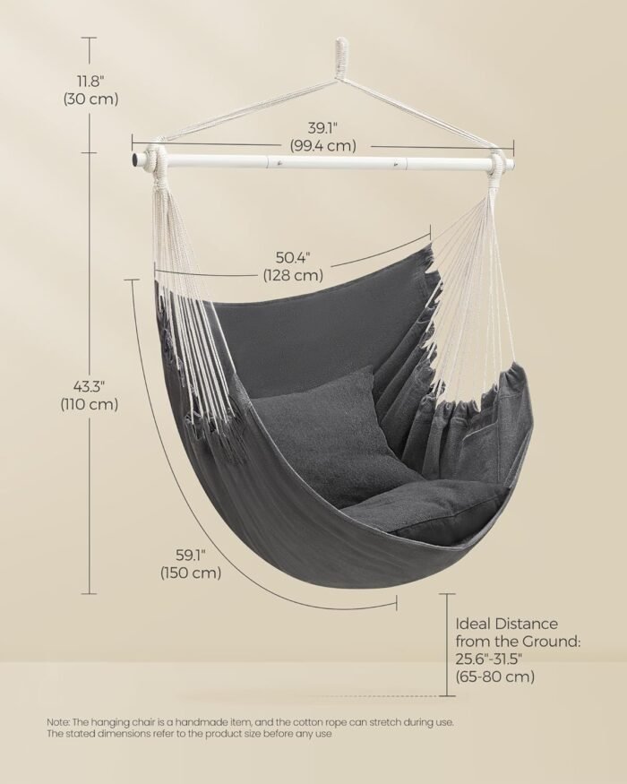SONGMICS Hammock Chair, Load Capacity 500 lb, Hanging Chair with 2 Cushions, Large Hammock Swing with Chain and Pocket, for Indoor, Outdoor, Living Room, Bedroom, Slate Gray UGDC197G02 - Image 5