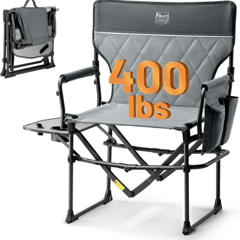 TIMBER RIDGE Heavy Duty Camping Chair with Compact Size, Portable Directors Chair with Side Table and Pocket for Camping, Lawn, Sports and Fishing, Supports Up to 400lbs, Grey