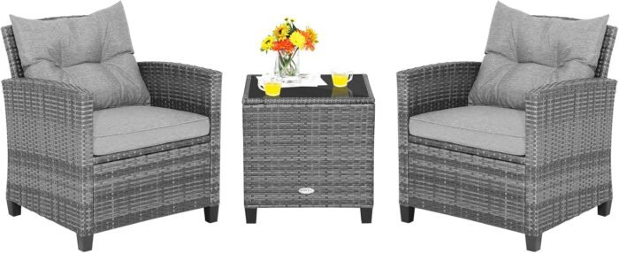 Tangkula 3 Pieces Patio Furniture Set, Outdoor PE Rattan Conversation Chair Set with Tempered Glass Side Table and Removable Cushions, PE Wicker Chairs and Table Set for Porch, Balcony and Garden