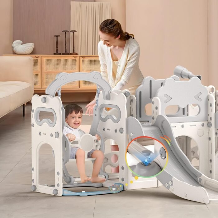 Lischwert Toddler Swing and Slide Set, 10 in 1 Toddler Indoor Playground, Slide for Toddlers, Outdoor Playset Backyard with Basketball Hoop, Tunnel and Storage Space, Kids Double Slide Age 1+ - Image 9