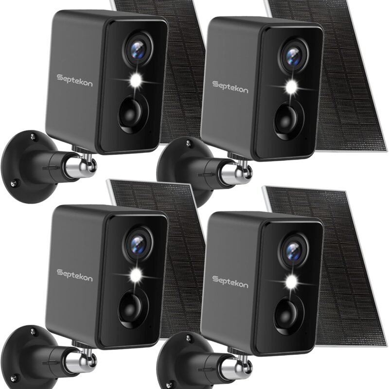 Septekon 2K Security Cameras Wireless Outdoor 4 Pack, Solar Battery Powered Camera with Two Spotlights, PIR Motion Detection Siren, Color Night Vision, 2-Way Audio, IP66 Waterpoof