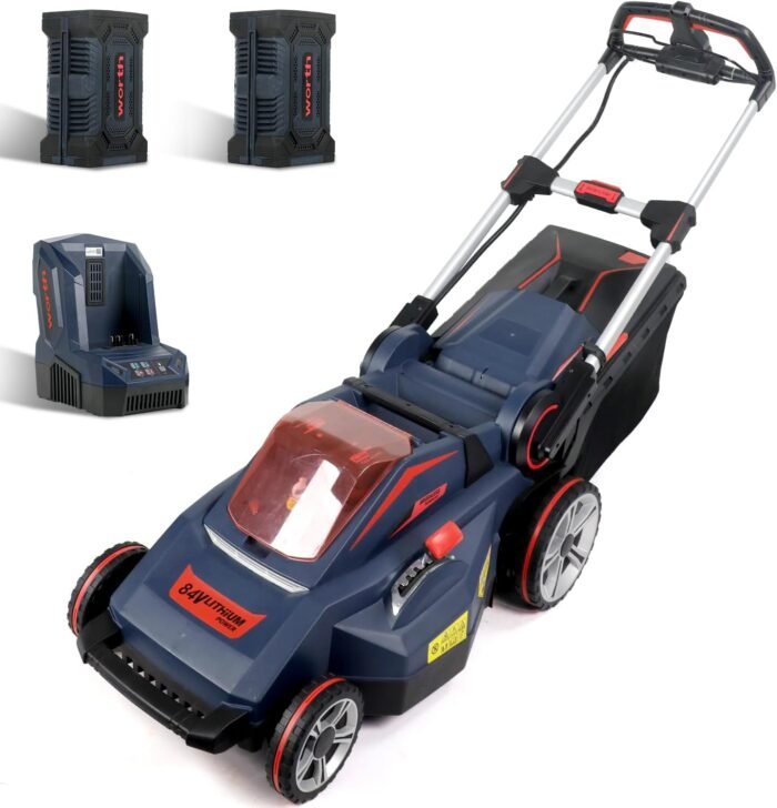 WORTH 84V PowerMax Lithium Battery Lawn Mower - Self Propelled Electric Cordless with Brushless Motor, 2 2.5AH Batteries & 1 Super Charger Included, 6 Cutting Height Adjustments, 50mins Run Time