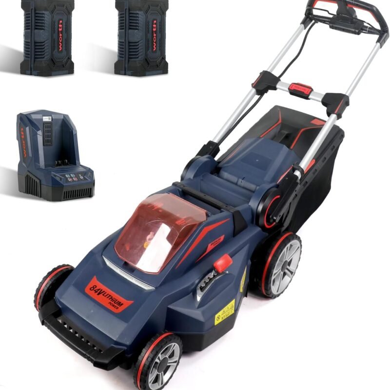 WORTH 84V PowerMax Lithium Battery Lawn Mower - Self Propelled Electric Cordless with Brushless Motor, 2 2.5AH Batteries & 1 Super Charger Included, 6 Cutting Height Adjustments, 50mins Run Time