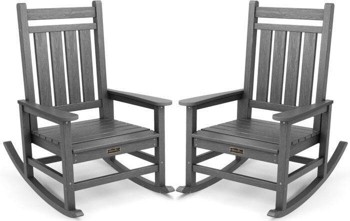 SEWALL Oversized Outdoor Rocking Chair Set of 2, HDPE Rocking Chair for Adults, Patio Rocking Chairs for Porch, Grey