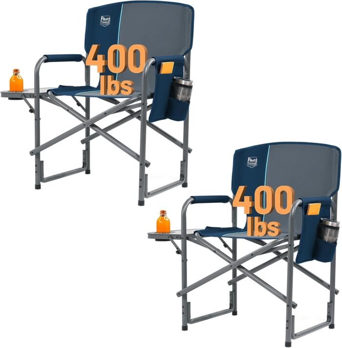 TIMBER RIDGE Lightweight Oversized Camping Chair, Portable Aluminum Directors Chair with Side Table Detachable Side Pocket for Outdoor Camping, Lawn, Picnic, Support 400lbs Blue 2 Pack