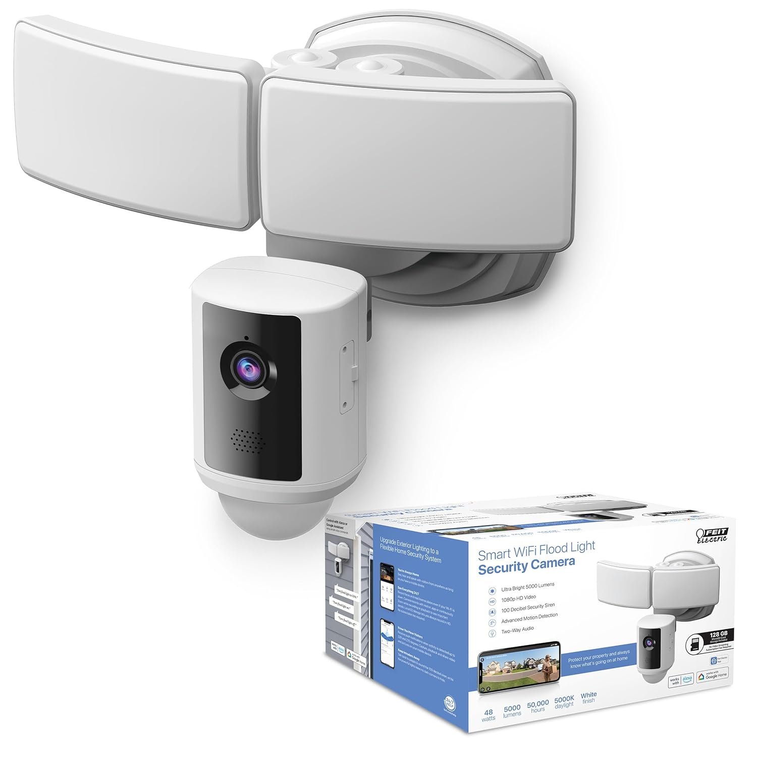 Feit Electric SEC5000/CAM/WIFI Outdoor LED Smart Security Camera with Motion Sensor, 2-Way Audio, 5000 Lumens Floodlight, Works with Alexa and Google Asst, Alarm, Hardwired, Updated Version of SEC3000