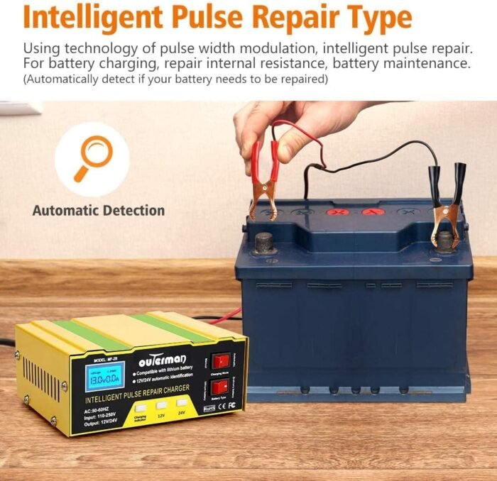 Outerman Car Battery Charger 12V 24V Lithium Battery Charger, Auto Battery Charger Maintainer for Car Boat Motorcycle Lawn Mower Lead Acid Battery or Lithium Battery Capacity: 6AH~105AH - Image 3
