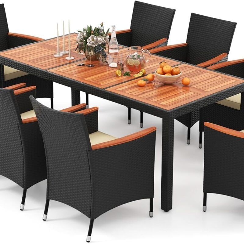 HAPPYGRILL 9 Pieces Outdoor Dining Set for 8, Patio Conversation Set with Acacia Wood Tabletop, Umbrella Hole, Washable Seat Cushions, Rattan Dining Table & Chair Set for Garden Yard Poolside