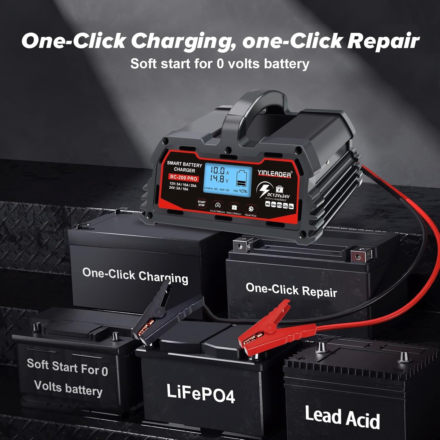 Battery Charger 20A, 12V/24V Lead-Acid Battery, 12V LiFePO4 Car Battery Trickle Charger, Automatic Battery Maintainer for Car Motorcycle Lawn Mower Marine Boat Lead Acid Batteries - Image 2