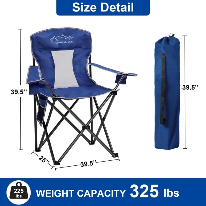 2PCS Collapsible Folding Camping Chairs Heavy Duty Lawn Foldable Chair with Cooler Bag, Storage Pocket, Waterproof Bag Outdoor Arm Sport Chair, Supports 325LBS, Blue - Image 3
