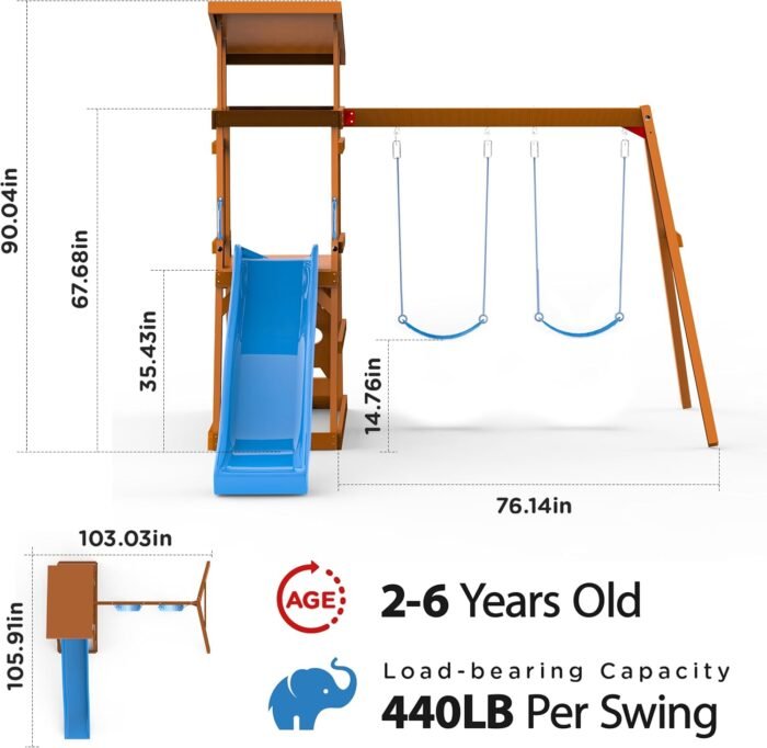 Dolphin Playground Wooden Swing Sets for Backyard, Playground Sets for Backyards with Slide, Sandbox, Climbing Wall, and 2 Belt Swings, Outdoor Playset, Backyard Playground Set, Ages 2-6 - Image 2