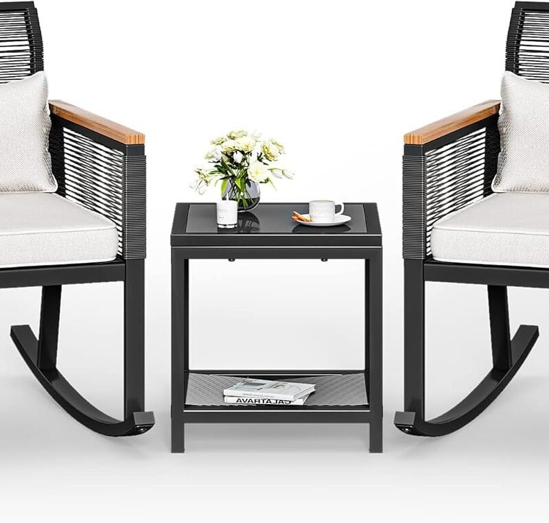 YITAHOME 3-Piece Patio Wicker Rocking Chair Outdoor Conversation Bistro Set with Wood Armrest and Soft Cushions for Balcony, Lawn and Porch Poolside (Black)