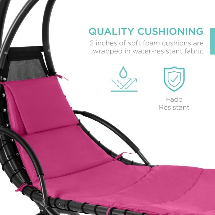 Best Choice Products Outdoor Hanging Curved Steel Chaise Lounge Chair Swing w/Built-in Pillow and Removable Canopy - Pink - Image 4