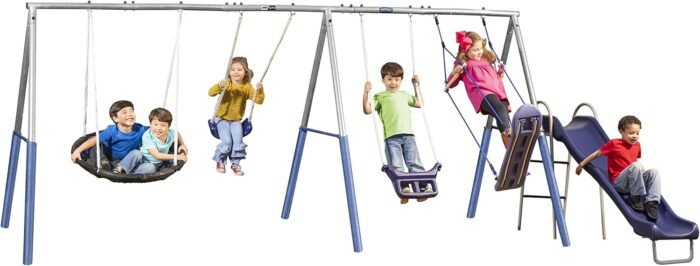 Surf N Swing'in - 6 User / 5 Station Metal Backyard Playground Swing Set. 180" L x 104" Deep x 74" H, by XDP Recreation
