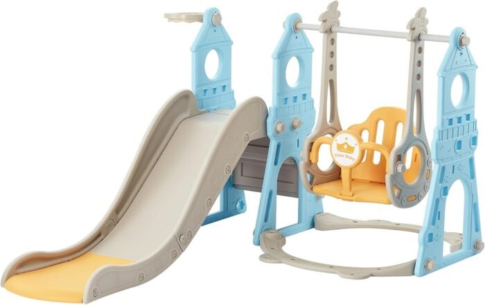 4-in-1 Toddler Slide and Swing Set with Extra Large Playground, Basketball Hoop & Climber, Indoor/Outdoor Playset, Castle Collection - Blue & Yellow - Image 9