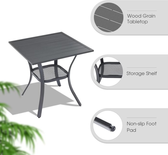 VICLLAX 3 Pieces Small Patio Dining Set, Patio Furniture Set of 2 Outdoor Stackable Dining Chairs and Small Patio Table with Storage Shelf, Grey Chairs and Grey Table - Image 5