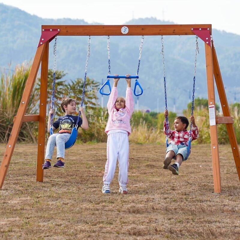 Dolphin Playground Wooden Swing Sets for Backyard, Family DIY Kit for Any Swings, Outdoor Playset for Kids with Trapeze Swing Bar and 2 Belt Swings, Heavy Duty Playground Accessories, Ages 3-12