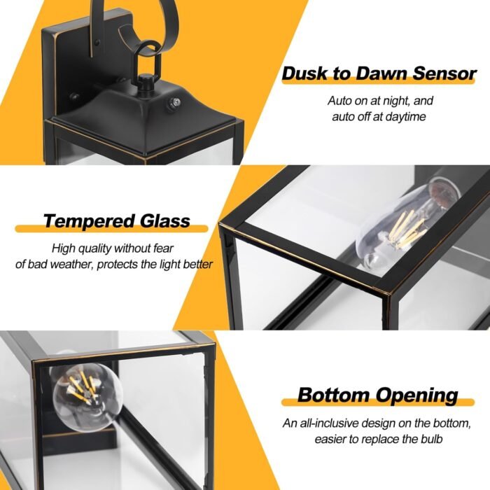 Large Dusk to Dawn Outdoor Wall Light, 19" Black Outside Farmhouse Wall Sconce, Industrial Wall Mount Light Fixture, Waterproof Modern Porch Lighting Exterior Lamp for House -with Gold Trim - Image 3