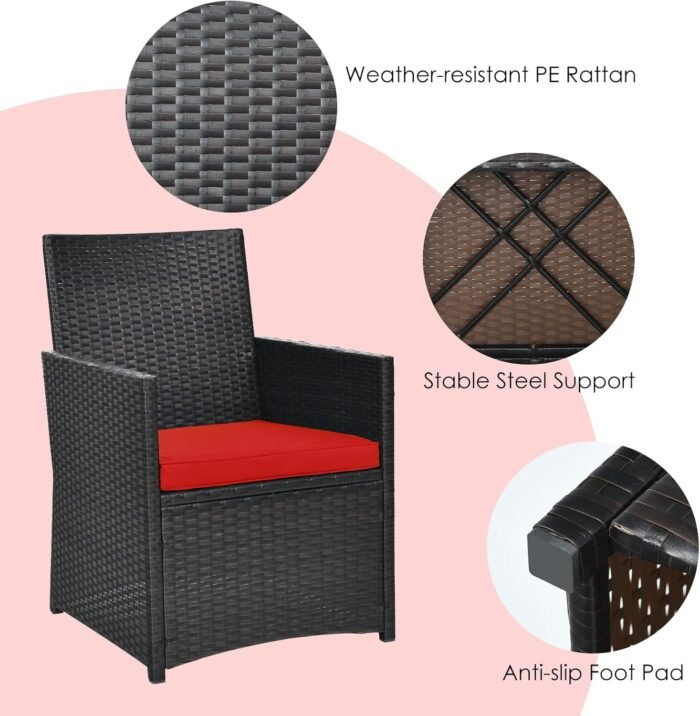 HAPPYGRILL 3-Piece Outdoor Wicker Bistro Set PE Rattan Dining Table Set with Cushioned Chairs, Patio Conversation Set for Backyard Porch Garden and Poolside - Image 5