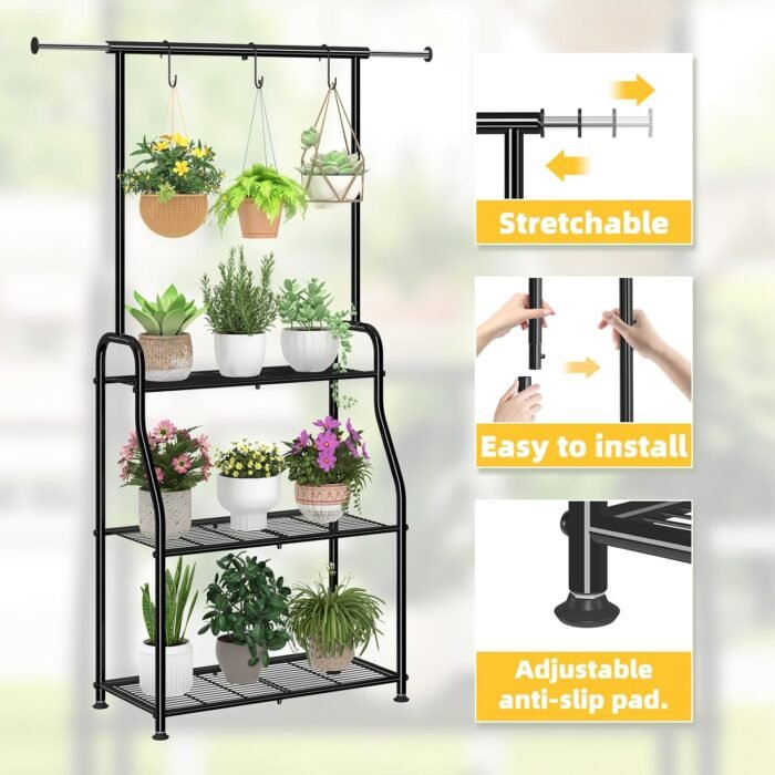 Simple Trending Plant Stand Indoor Outdoor, Heavy Duty Metal 3 Tiered Hanging Plant Shelf for Multiple Flower Planter Holder Tall Large Rack for Living Room Garden Balcony, Black - Image 5