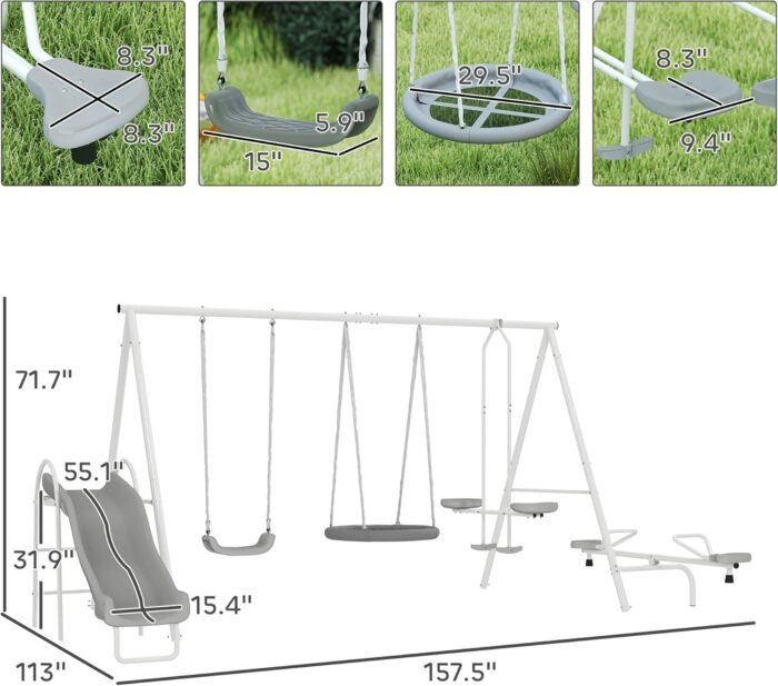 Outsunny Swing Set for Backyard, 5 in 1 Heavy-Duty A-Frame Stand Outdoor Playset for Kids with 29.5" Saucer Swing, Slide, Seesaw, Glider, Swing Seat, Gray - Image 5