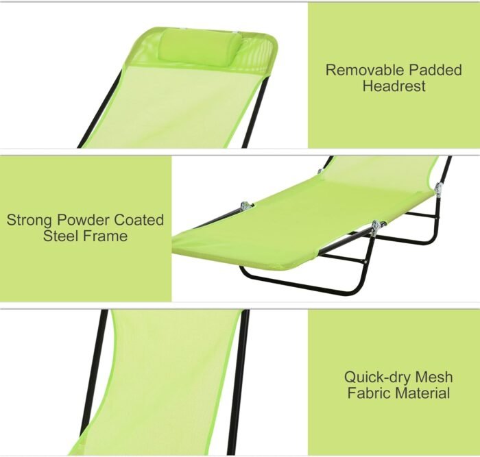Outsunny Folding Chaise Lounge Chair, Pool Sun Tanning Chair, Outdoor Lounge Chair with Reclining Back, Breathable Mesh Seat, Headrest for Beach, Yard, Patio, Green - Image 5