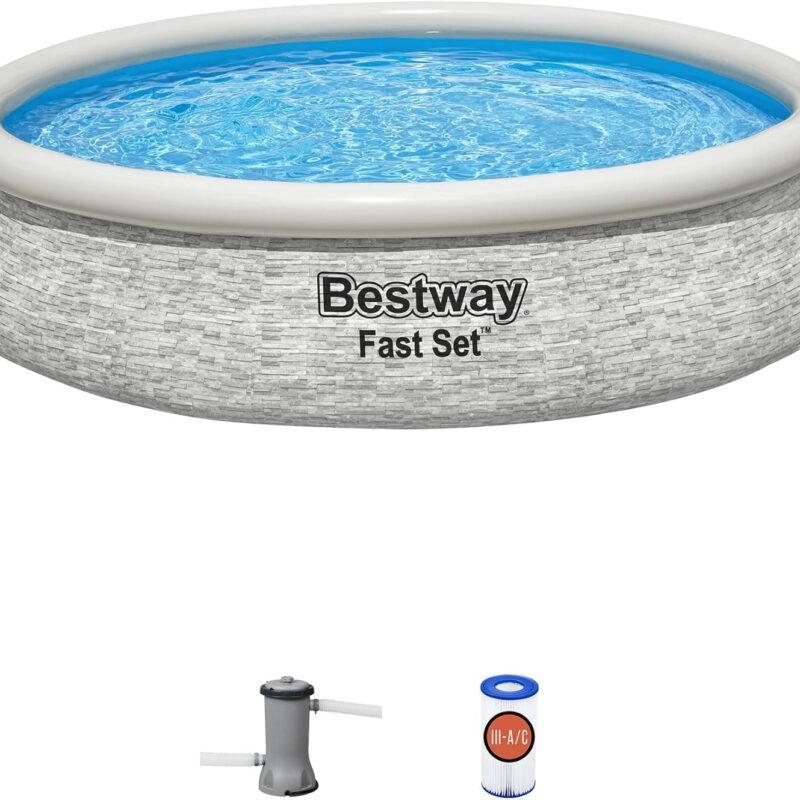 Bestway Fast Set 12' x 30" Round Inflatable Above Ground Swimming Pool Set, Stacked Stone Exterior Outdoor Family Pool with Filter Pump, Gray