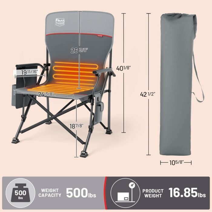 TIMBER RIDGE Oversized Heated Camping Chair for Outdoor Sports, High Back Padded Lawn Chair for Adults, Supports Up to 500lbs with Cup Holder, Side Pocket (Power Bank not Included) - Image 3