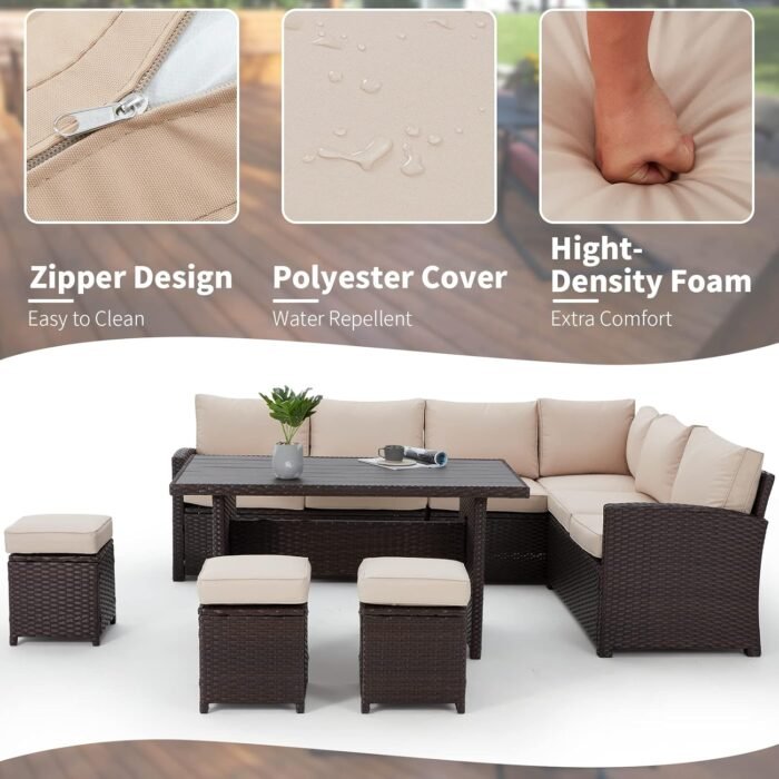 AECOJOY Patio Furniture Set, 7 Pieces Outdoor Patio Furniture with Dining Table&Chair, All Weather Wicker Conversation Set with Ottoman, Brown Rattan&Khaki Cushion - Image 3