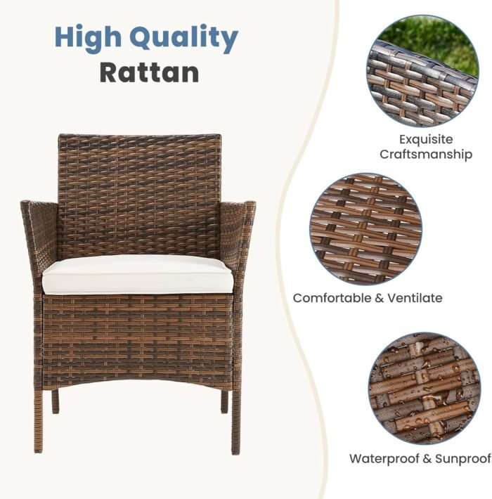 DUMOS Patio Furniture Set 3 Pieces, Outdoor Wicker Furniture with Coffee Table, Modern Rattan Patio Chairs Conversation Sets with Sofa for Garden, Terrace, Porch, Balconies, Lawns(Brown and Beige) - Image 2