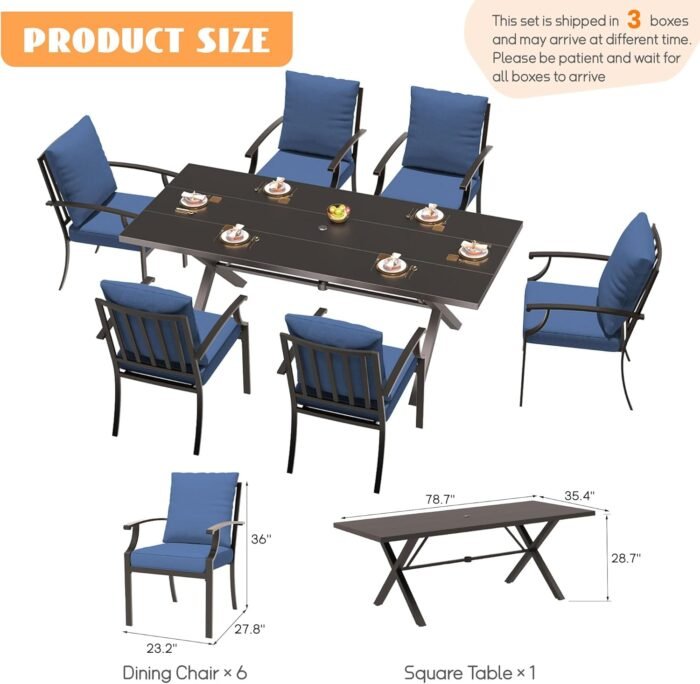 7-Piece Patio Dining Set Outdoor Conversation Set,Metal Outdoor Furniture Set with Umbrella Hole Cut-Out 78.7" x 35.4" Table and 6 Metal Backrest Chairs for Backyard,Garden,NavyBlue - Image 5
