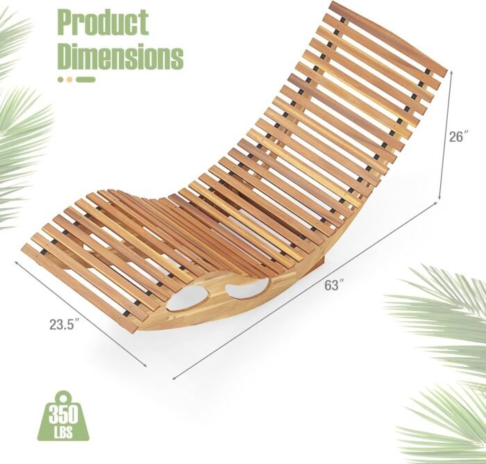 Tangkula Outdoor Chaise Lounge Chair, Acacia Wood Rocking Sun Lounger with Slatted Backrest and Seat, Wooden Rocker Lounge Chair for Patio, Garden and Poolside - Image 3