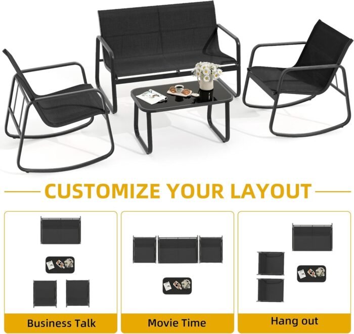 DWVO 4-Piece Patio Furniture Set, Textilene Conversation Set with 2 Rocking Chairs and Tempered Glass Coffee Table, Perfect for Indoor Patio Lawn Garden Poolside, Black - Image 6