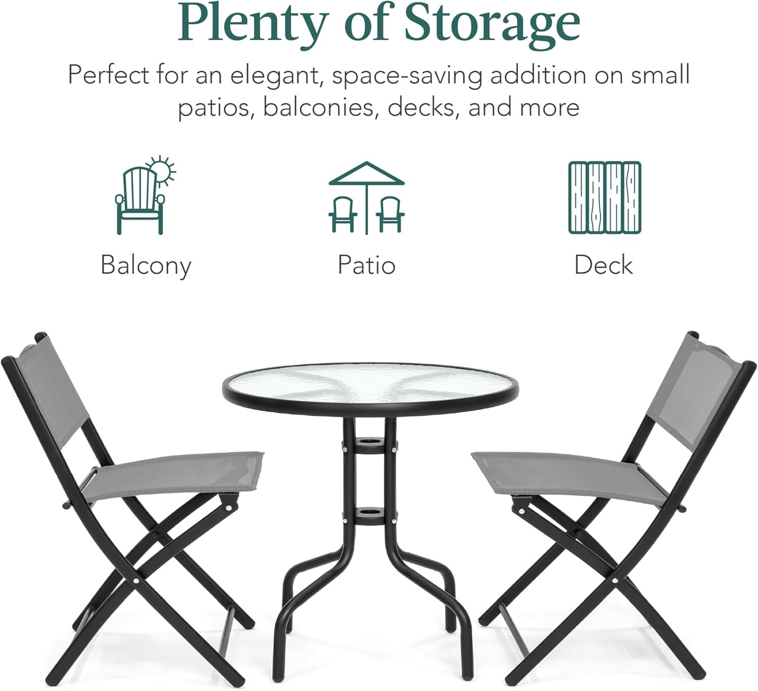 Best Choice Products 3-Piece Patio Bistro Dining Furniture Set w/Glass Tabletop, 2 Folding Chairs, Steel Frame, Polyester Fabric - Gray - Image 2