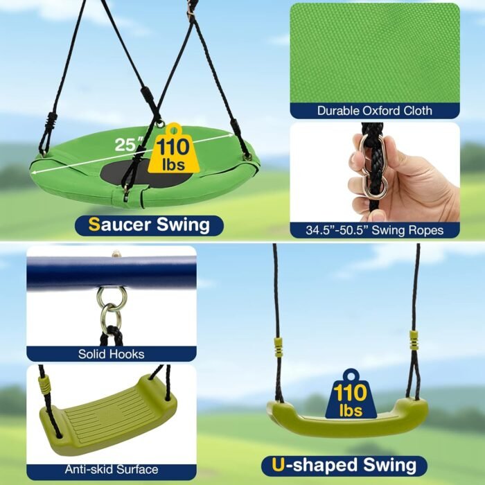 GLACER 7-in-1 Kids Swing Set w/ 2 Swings, Slide, Fun Glider, Gym Rings, Monkey Bars, Basketball Hoop, 660 LBS Swing Set for Kids, Heavy Duty Play Set for Backyard, Garden, Park - Image 4