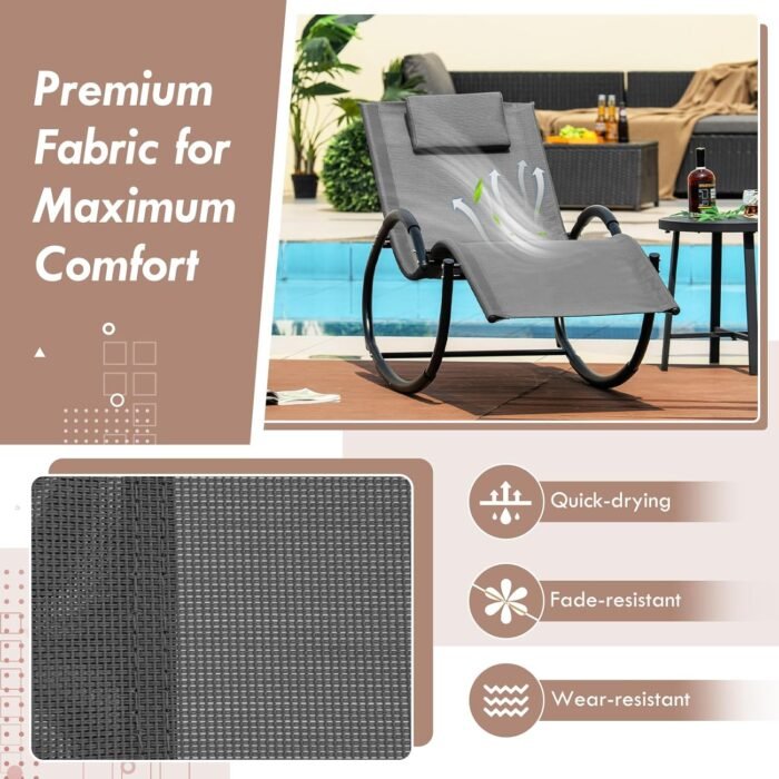 Tangkula Rocking Lounge Chair Outdoor, Zero Gravity Chaise Lounger with Removable Headrest, Fabric Backrest & Seat, Patio Reclining Rocker for Yard, Poolside, Lawn, Garden (1, Grey) - Image 7
