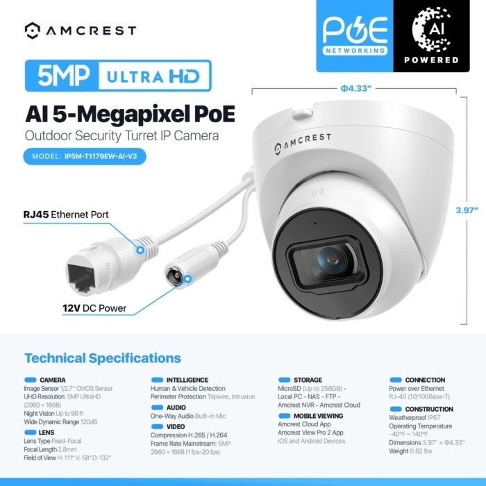 Amcrest 5MP Turret POE Camera, UltraHD Outdoor IP Camera POE with Mic/Audio, 5-Megapixel Security Surveillance Cameras, 98ft NightVision, 132° FOV, MicroSD (256GB), (IP5M-T1179EW-AI-V3) - Image 7