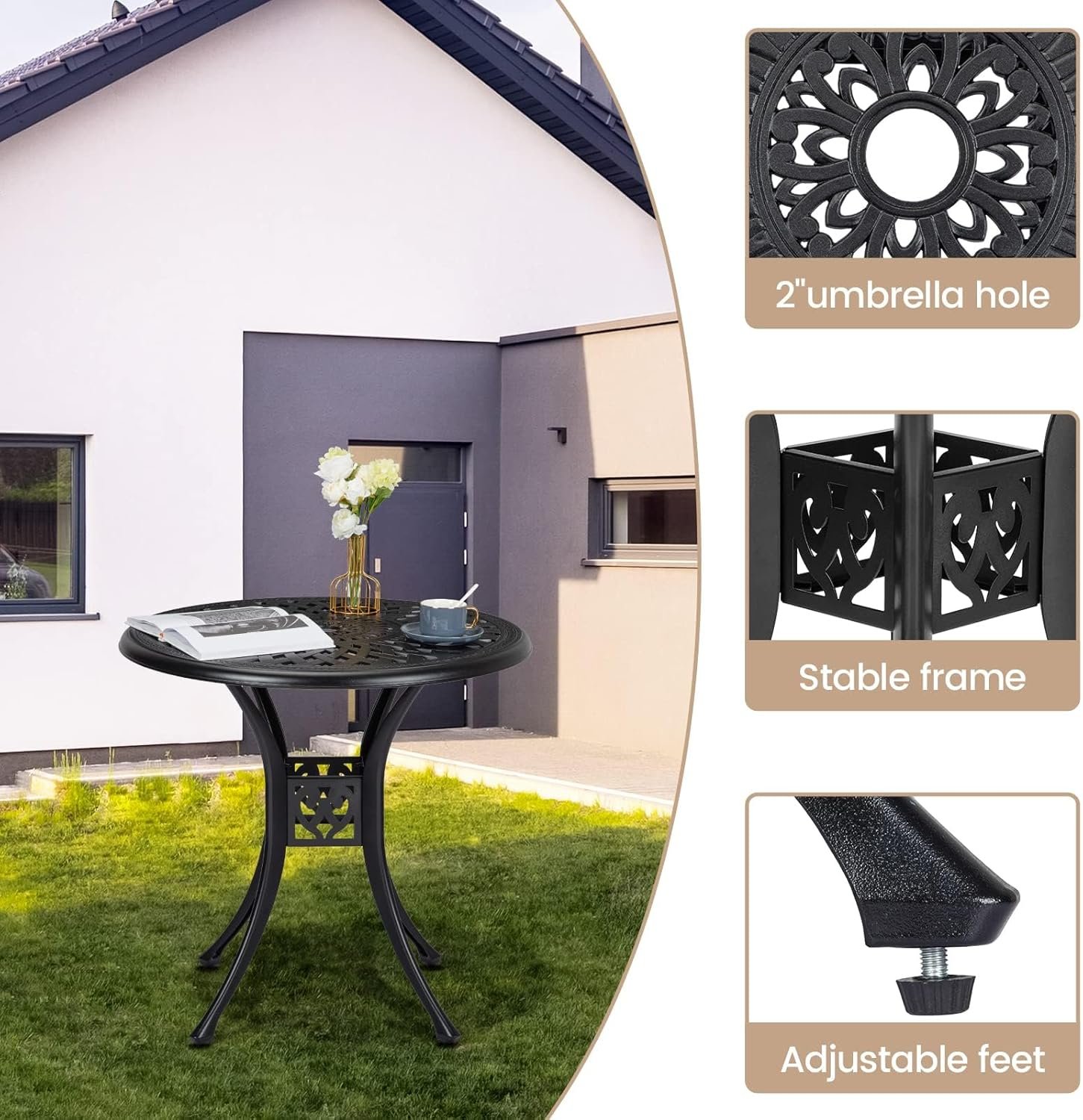 30.25 Inch Patio Bistro Table with Adjustable Feet, Round Outdoor Coffee Table with Umbrella Hole, Outdoor Side Table for Porch, Backyard, Garden, Classic Black - Image 4