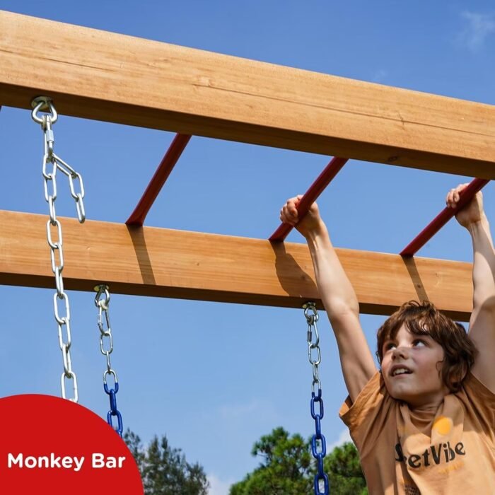 Dolphin Playground Wood Swing Sets for Backyard with Monkey Bar, Kids Outdoor Play Equipment, Outdoor Playset for Kids with Trapeze Swing Bar and 2 Belt Swings, Heavy Duty Playground Accessories - Image 6